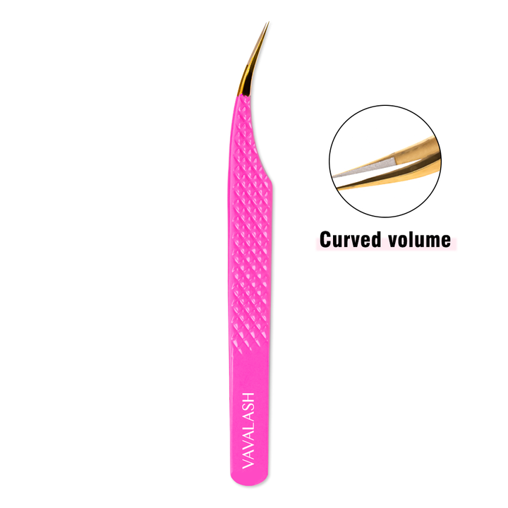 VC-06 Fiber Tip Pink Coated Curved Tweezers for Volume Eyelash Extensions